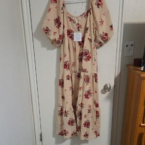 Beige Floral Dress with Puff Sleeves